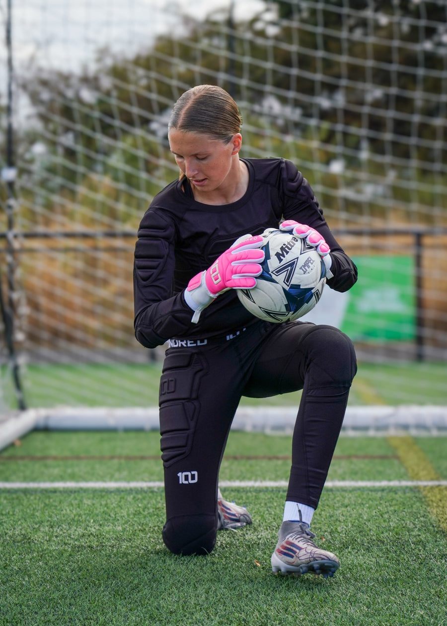 Goalkeeper kneeling in the Protekt padded top and trousers